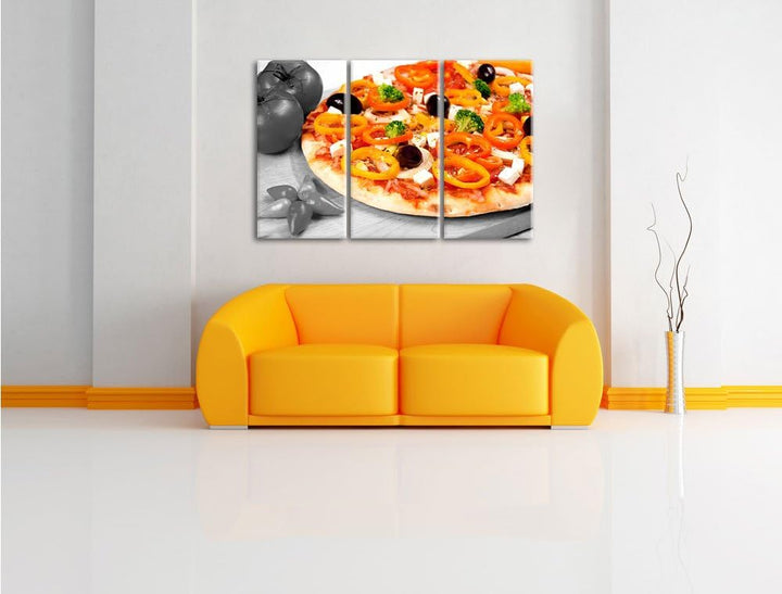 Pixxprint Pizza mit Oliven und Hirtenkäse als Leinwandbild/Grösse: 3 Teilig (120x80) cm/Wandbild/Kun