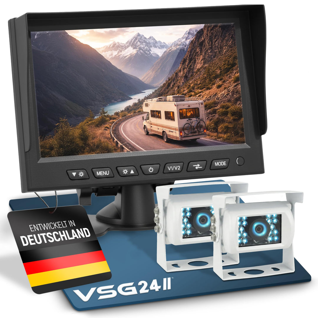 VSG24 Rückfahrkamera 7" Starter-Set Wohnmobil inkl. 2 Kameras in Weiss, Monitor, Kabel &amp; Fernbedienu