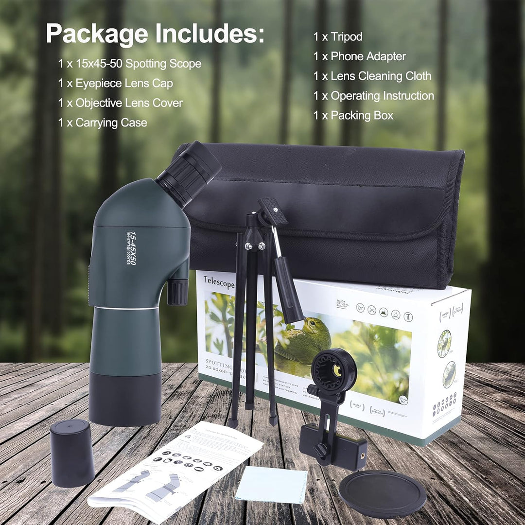 15-45x50 Spektiv mit Stativ, Tragetasche und Smartphone Adapter, HD Wasserdichtes Monokularfernrohr