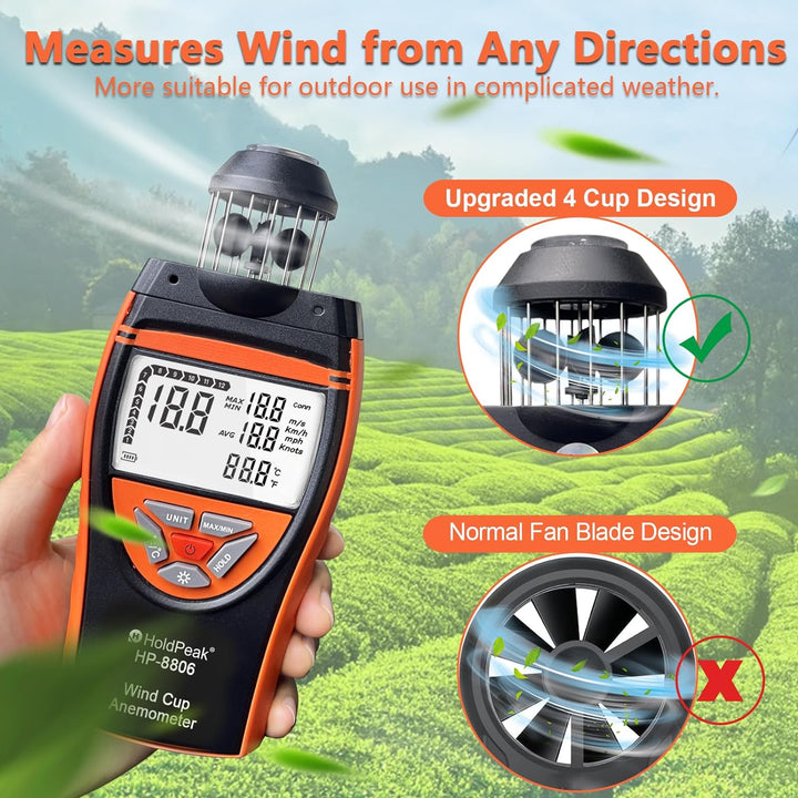 HoldPeak 8806 Windmesser, digital, Windgeschwindigkeit, Meterware, 4 Cups Windgeschwindigkeit, 0,7 ~