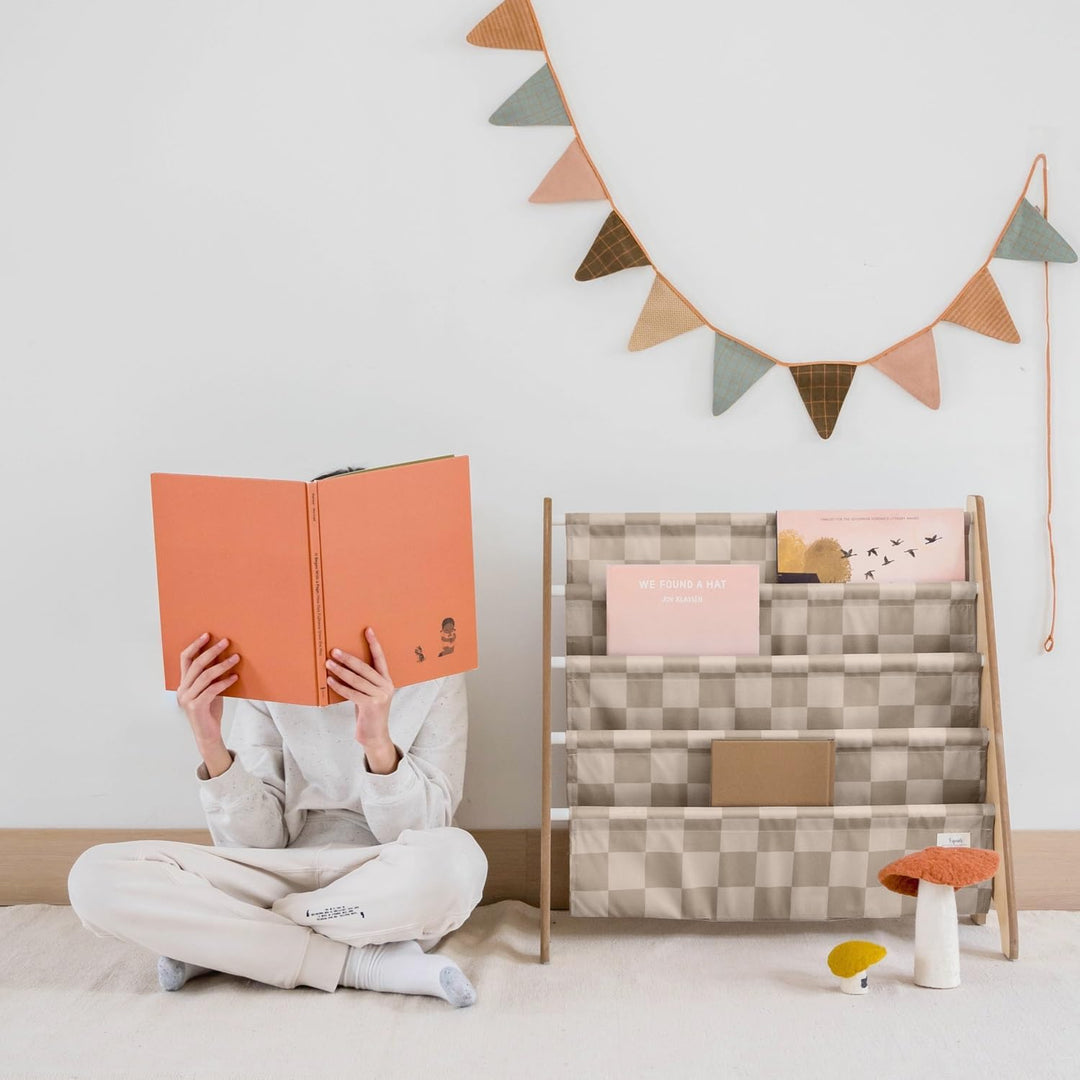 3 Sprouts Kinder Bücherregal aus Holz – Montessori Regal für Kinderzimmer - Schachbrettbeige, Schach
