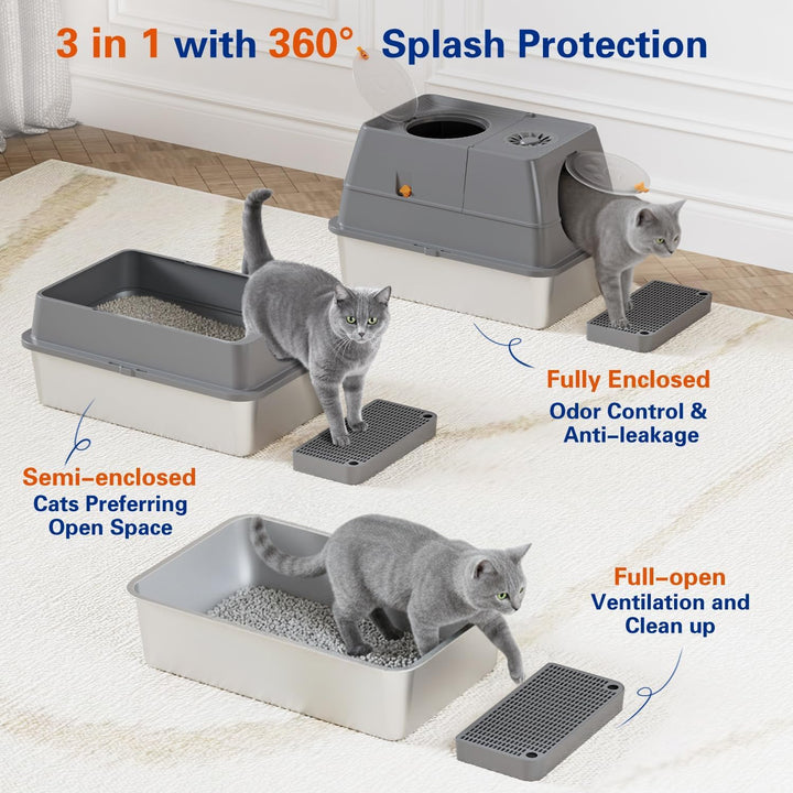 Katzenklo Edelstahl mit Deckel, XL Katzentoilette Geschlossen mit Schaufel, Zwei-Tür-Konfiguration,