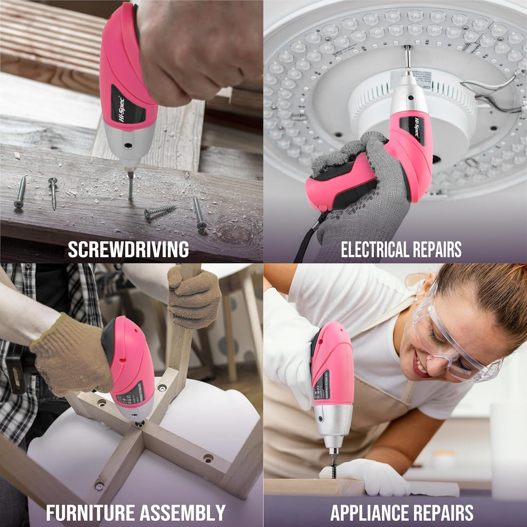 Hi-Spec kleiner Werkzeugkoffer gefüllt für Frauen mit Hammer, Zange, Bit Set und Pinken Akkuschraube
