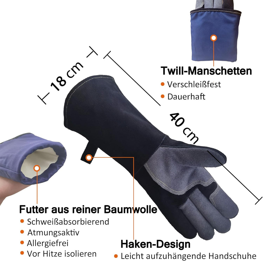 WZQH 40 cm, Leder Grillhandschuhe, Feuerfester Hitzebeständige Mitts für Schweissen, Feuerwehr, Kami