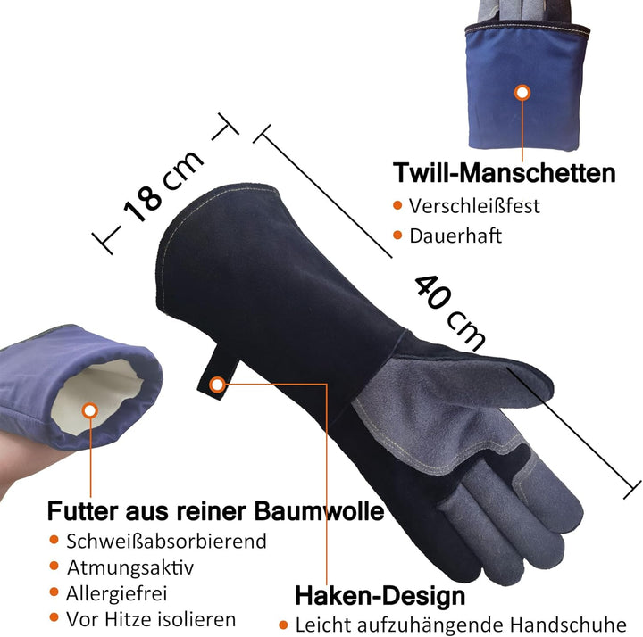 WZQH 40 cm, Leder Grillhandschuhe, Feuerfester Hitzebeständige Mitts für Schweissen, Feuerwehr, Kami