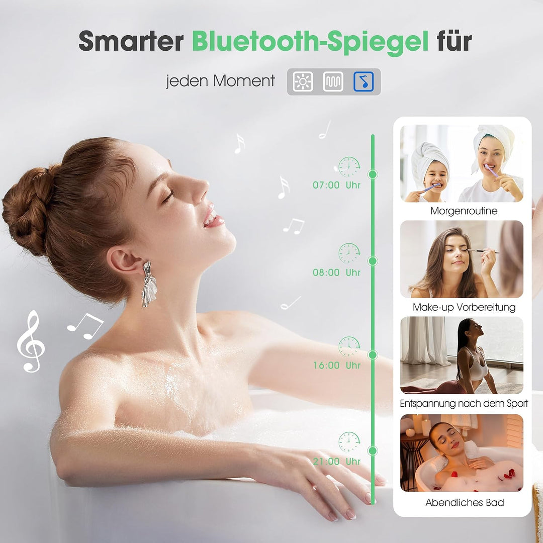 S'bagno Bluetooth-Badspiegel-mit-Beleuchtung-100x70cm, LED-Badezimmerspiegel mit Entfoggen, 3000K-65
