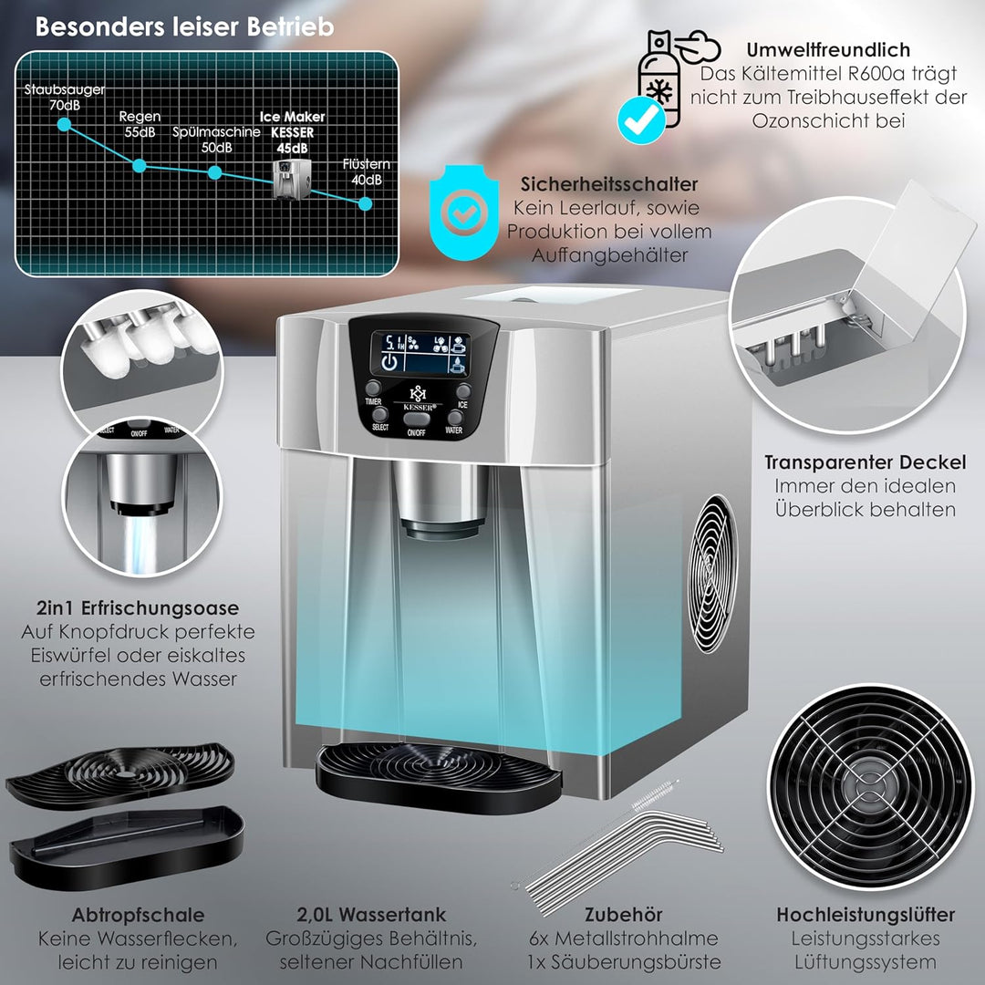 KESSER® Eiswürfelbereiter | Eiswürfelmaschine Edelstahl | 100W Ice Maker | 12 kg 24 h | 2 Würfelgrös
