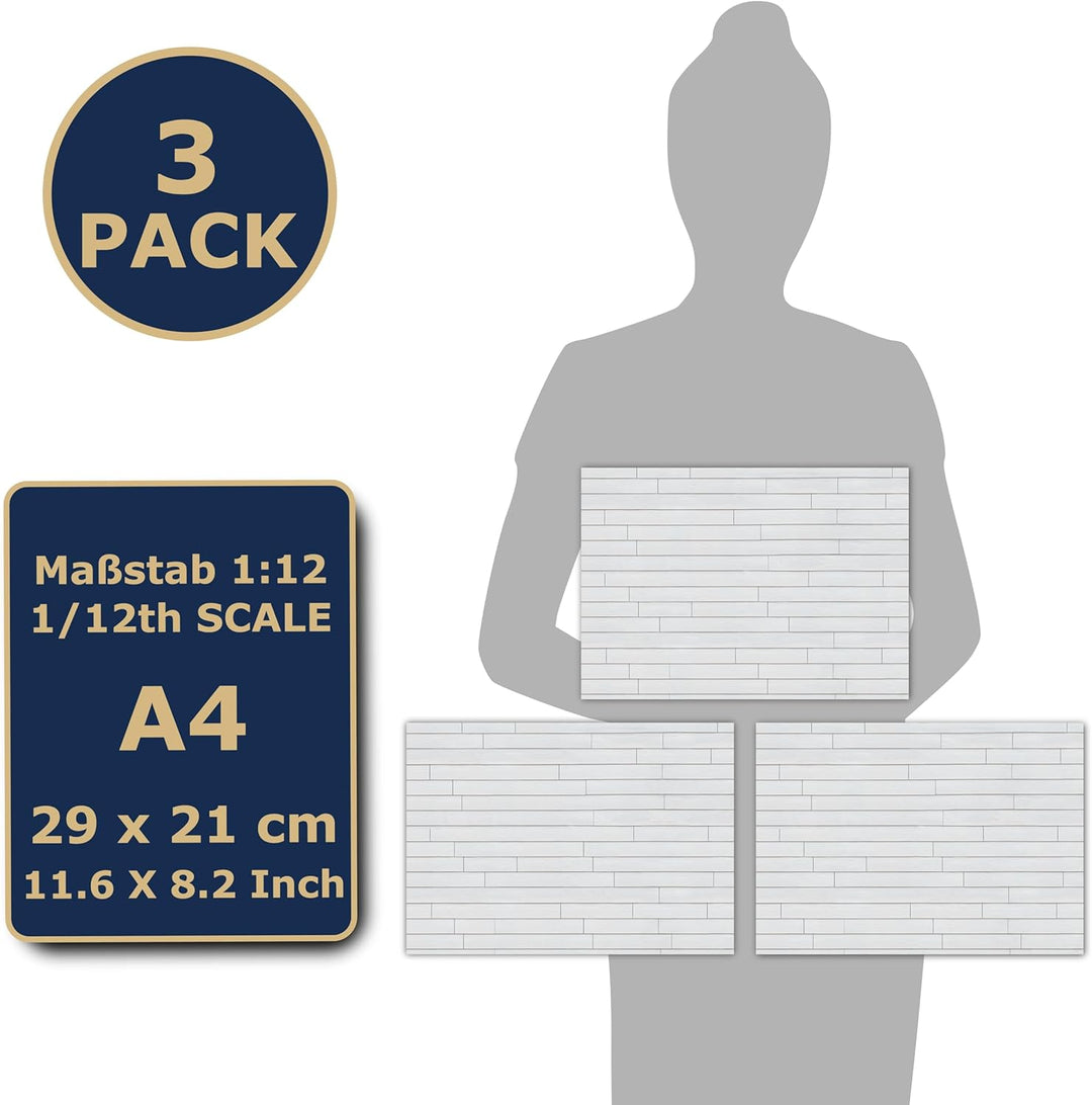 3 Blatt selbstklebende Ziegelmauer Wandverkleidung für Puppenhäuser Massstab 1:12 (Holzfassade (weis