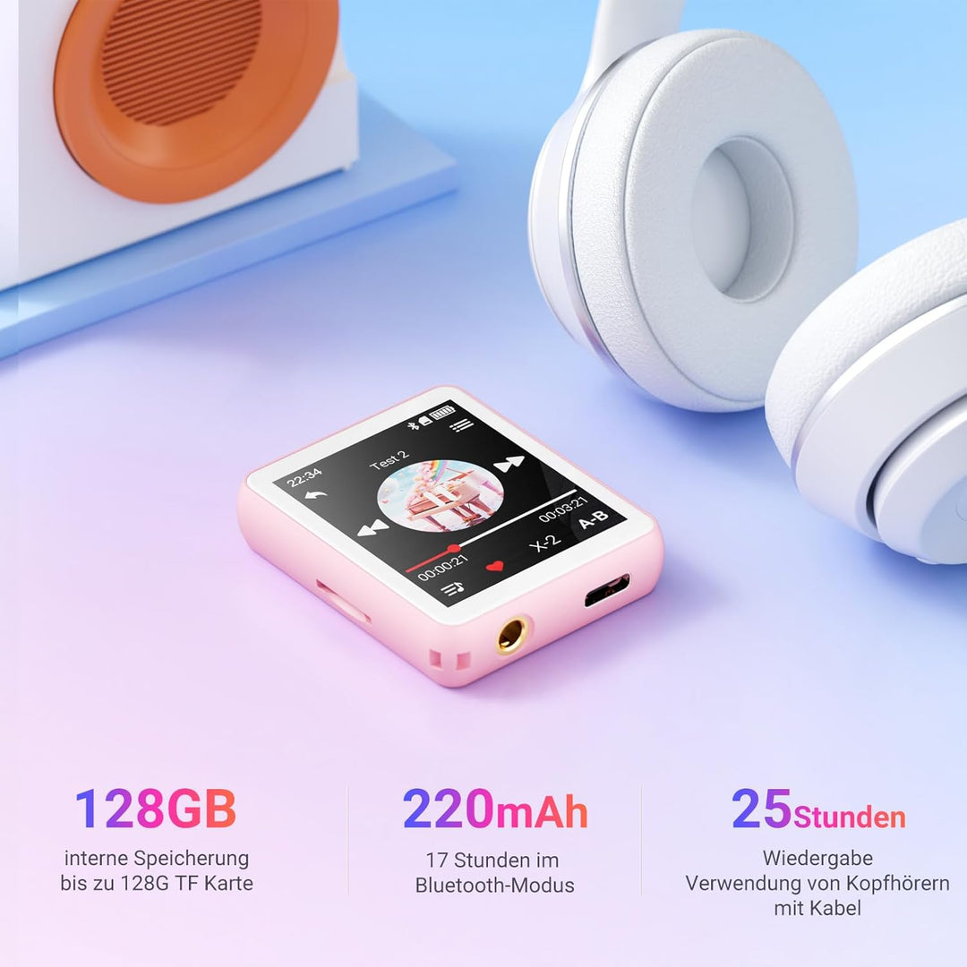 MP3-Player mit Bluetooth, 128GB Musik-Player, eingebauter Lautsprecher und FM-Radio, 1,8 Zoll Mini T