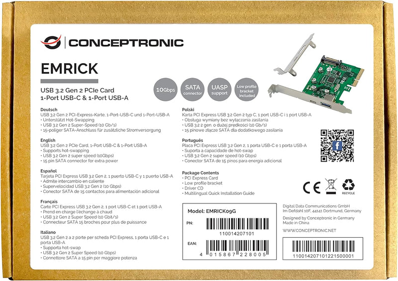 Conceptronic USB 3.2 GEN 2 PCIE Card, 1-Port USB, EMRICK09G