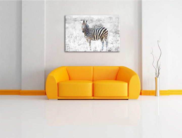 einzelnes Zebra im Wildgras schwarz/weiss Deluxe Format: 100x70 cm auf Leinwand, XXL riesige Bilder