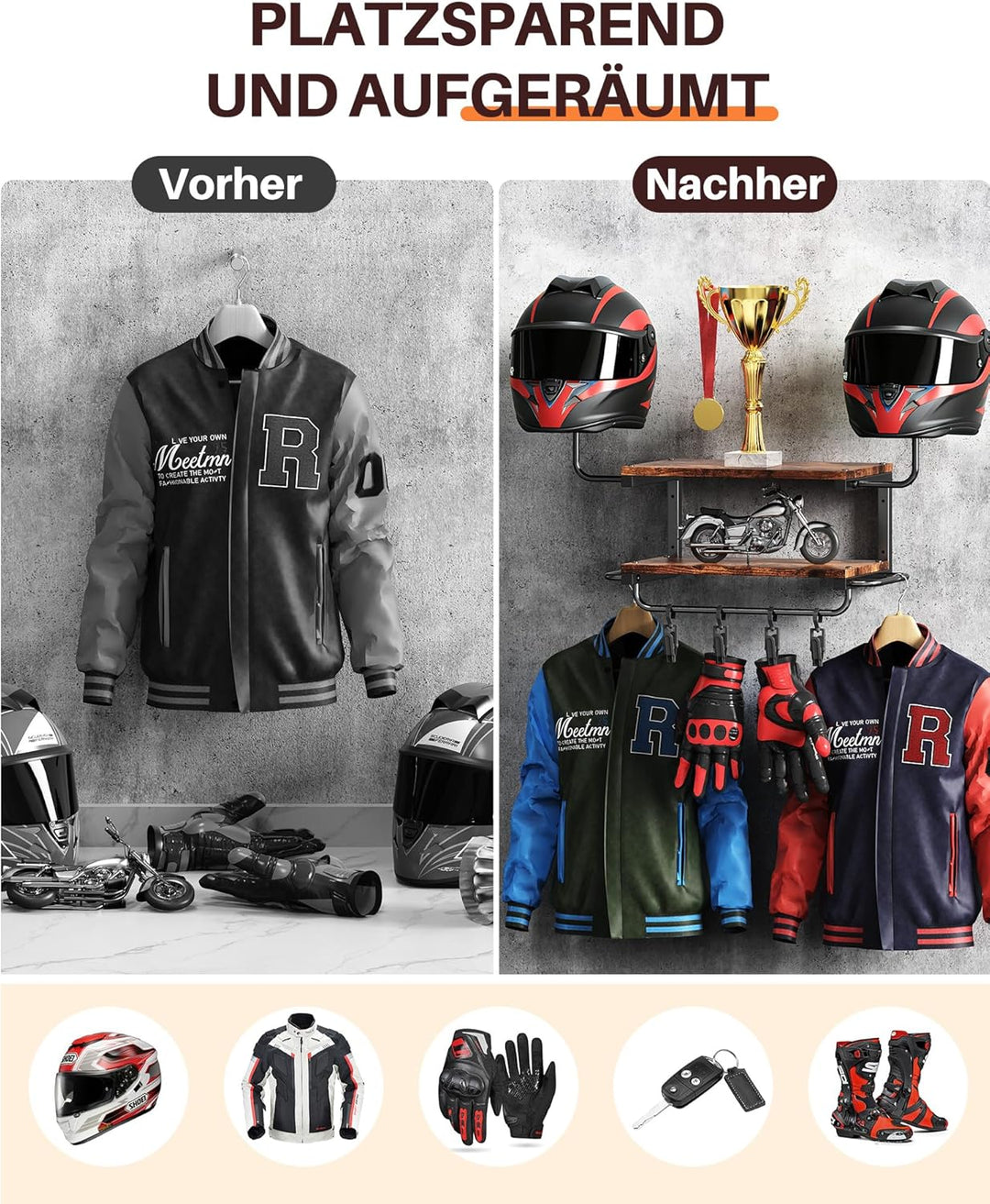 Motorradhelm Halterung Wand für 2 Helme, Motorrad Garderobe Wand mit Kleiderbügel und Haken, 30 kg T