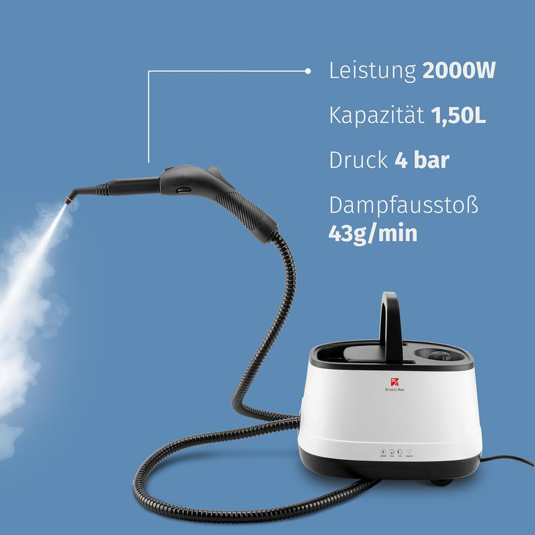Di4 Dampfreiniger Brumo Max 2000W, 4 Bar Druck, 1,5L Tankkapazität, Einsatzbereit in 6 Minuten, 13 Z