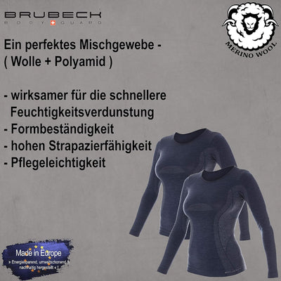 BRUBECK Damen Funktionsshirt Langarm | 41% Merino-Wolle | Atmungsaktiv | Funktionsunterwäsche | Atmu