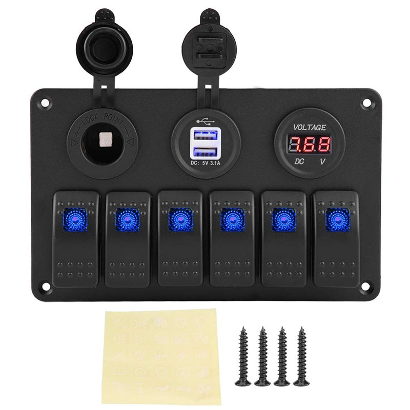 KIMISS ABS 6 Gang Wasserdichte ON-OFF Kippschalter Panel Dual USB Buchse Ladegerät LED Voltmeter 12