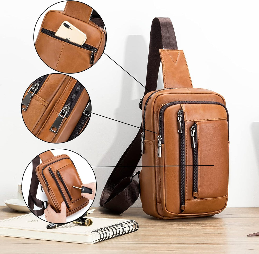 LOONGYOON Neue Herren Leder Umhängetasche Retro Casual Vertikale Tasche Business Travel Multi Zipper