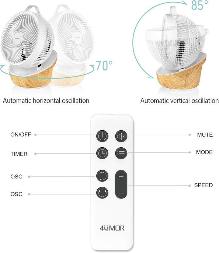 4UMOR Ventilator leise 20dB 7,6m/s Turbo 21W DC Motor 12 Geschwindigkeiten Tischventilator sehr Leis
