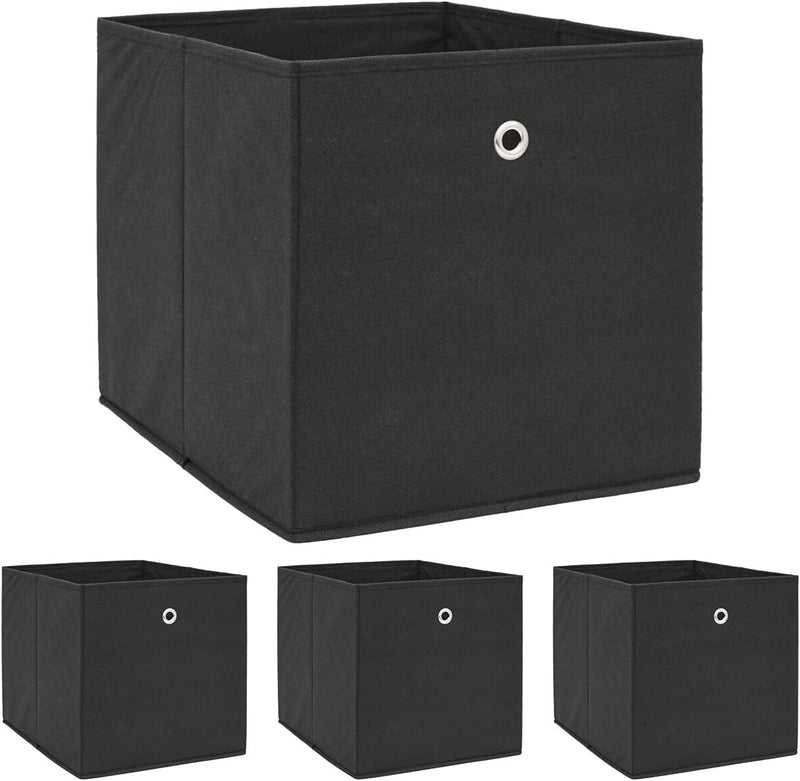 DuneDesign 4er Set Aufbewahrungsbox für Kallax Regal - 33x38x33 Stoff Box mit Öse - Faltbox Schwarz