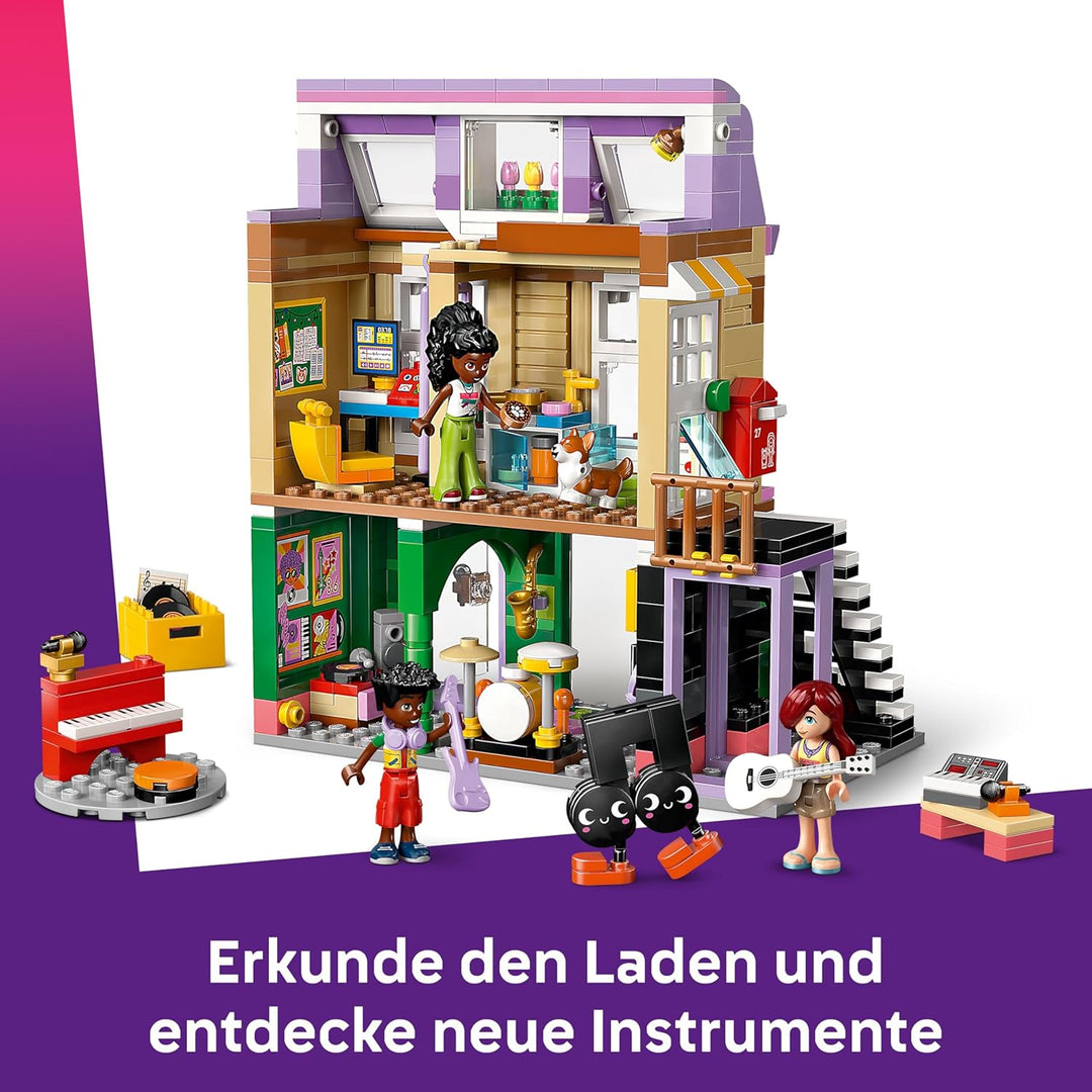 LEGO Friends Musikladen & Wohnung - Spielzeug mit 3 Mini-Puppen, Einer Corgi Tierfigur und Musikinst