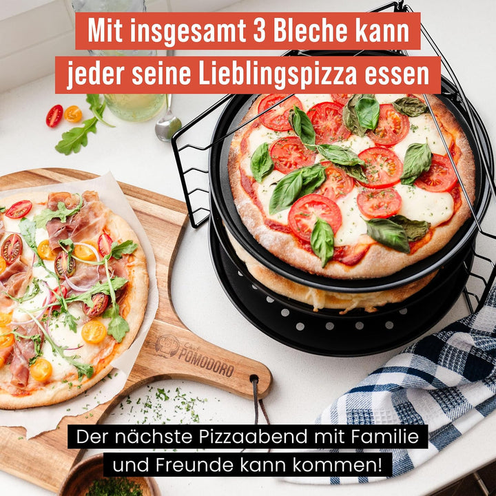 Chef Pomodoro Pizzablech – Pizzablech Rund – Pizza Blech – 3er Set - antihaft gelochte Pizzapfanne a
