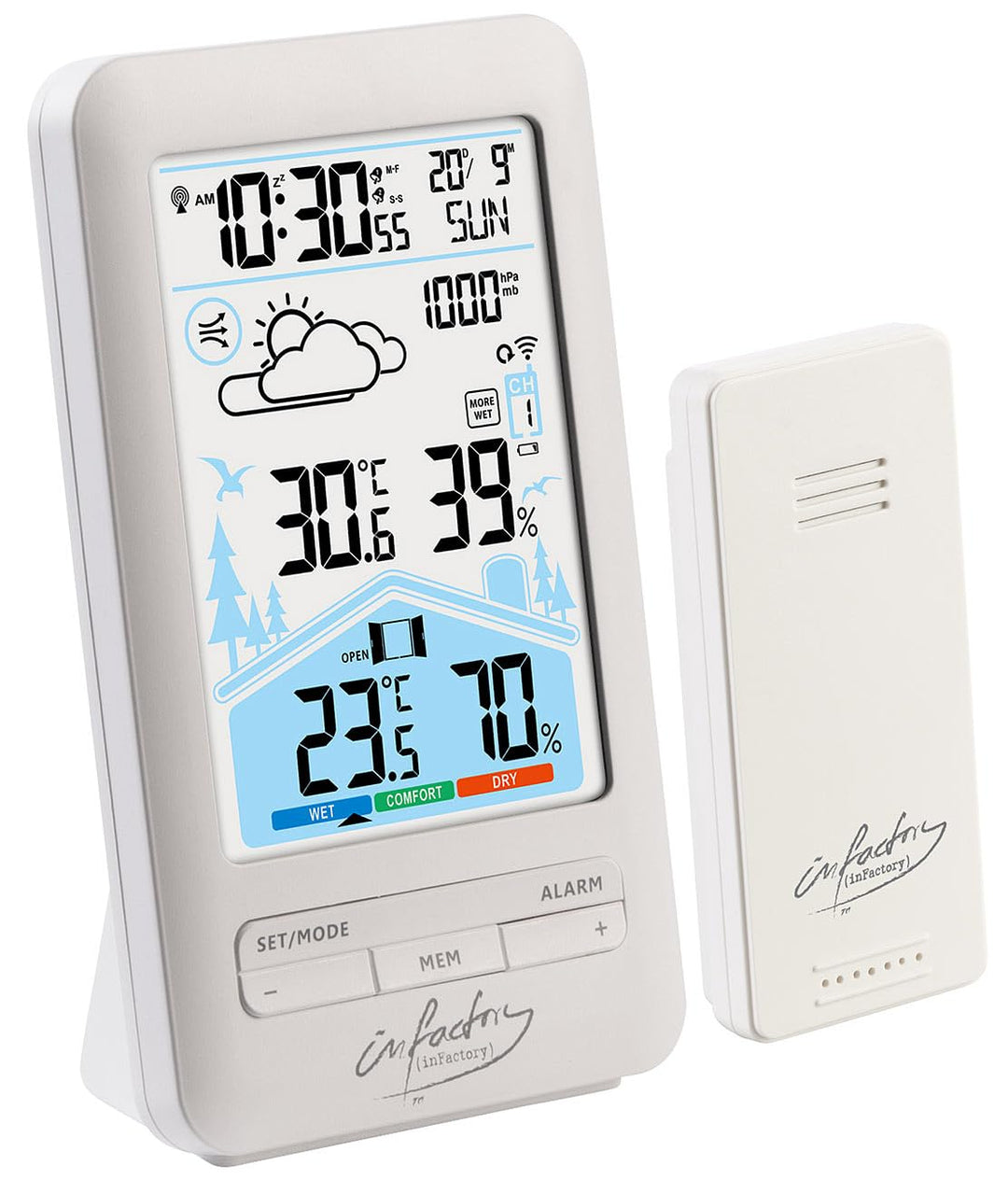 infactory Funkwecker: Funk-Wetterstation mit Aussensensor, Dual-Alarm-Wecker und Komfortindex (Uhr m