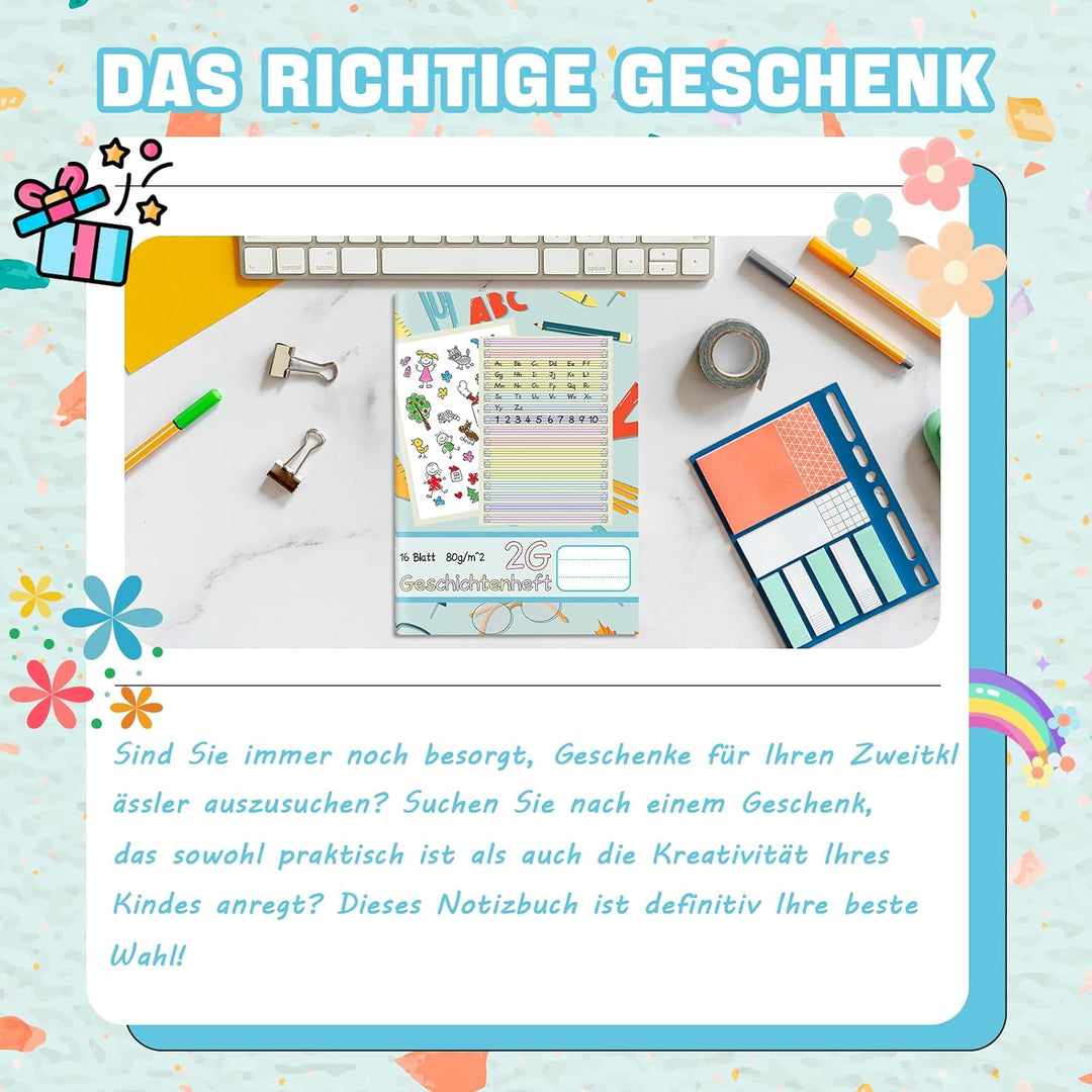 jiawaggag 10 StückGeschichtenheft 2. Klasse Din A4 2G Schreibheft Lineatur 2 Farbig Liniert für Schr
