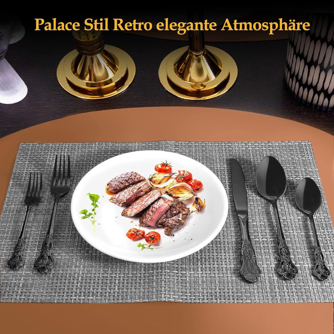 Besteck Set, 40-teilig Besteck Schwarz, Vintage Palast-Stil Besteckset 8 Personen aus Edelstahl, Sch