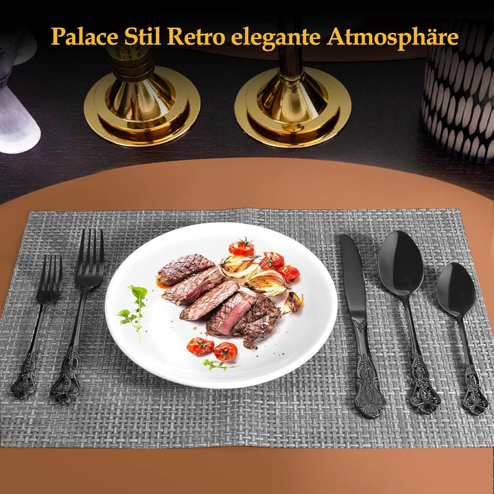 Besteck Set, 40-teilig Besteck Schwarz, Vintage Palast-Stil Besteckset 8 Personen aus Edelstahl, Sch