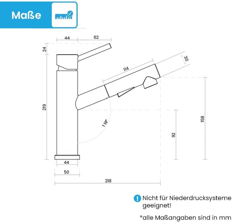 Bächlein Küchenarmatur Rosandro (matt schwarz) – Einhand-Spültischbatterie aus Edelstahl mit auszieh