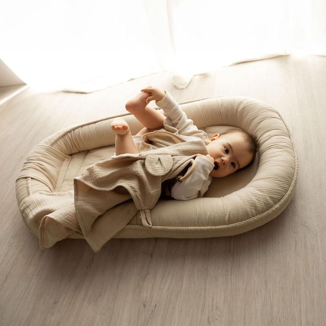 PaLulli Babynest aus 100% Musselin Baumwolle Premium Kuschelnest Babynestchen 100x60cm Klettverschlu