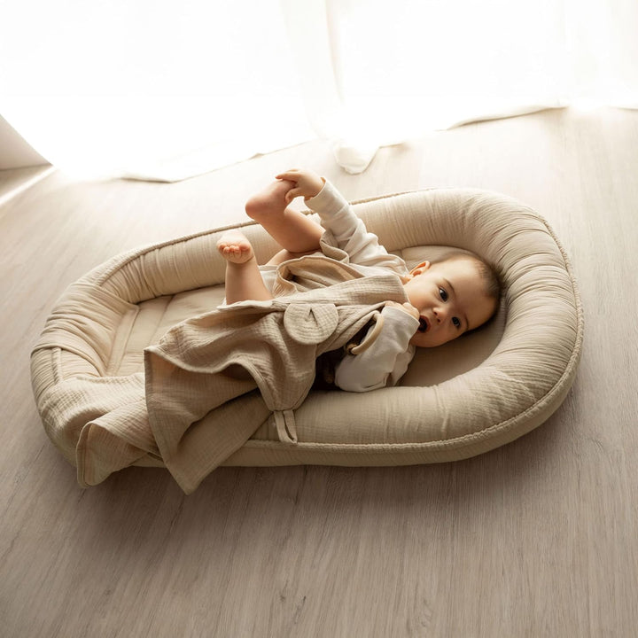 PaLulli Babynest aus 100% Musselin Baumwolle Premium Kuschelnest Babynestchen 100x60cm Klettverschlu