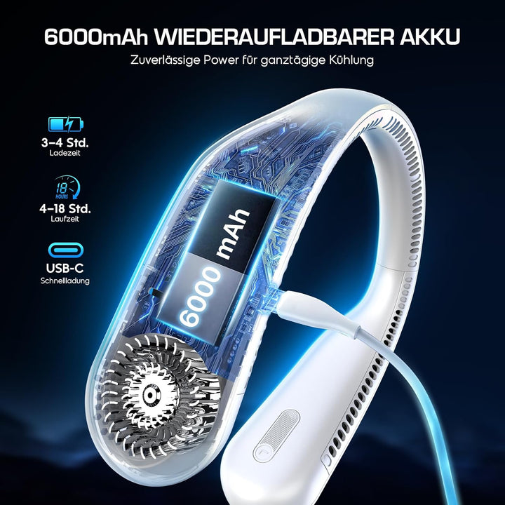 Nackenventilator 6000mAh Akku, Tragbarer Blattloser Halsventilator, 4 Geschwindigkeitsstufen, USB-au