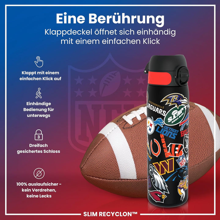 NFL Edelstahl-Trinkflasche, Auslaufsicher, Einhandöffnung, Sichere Verriegelung, Spülmaschinenfest,