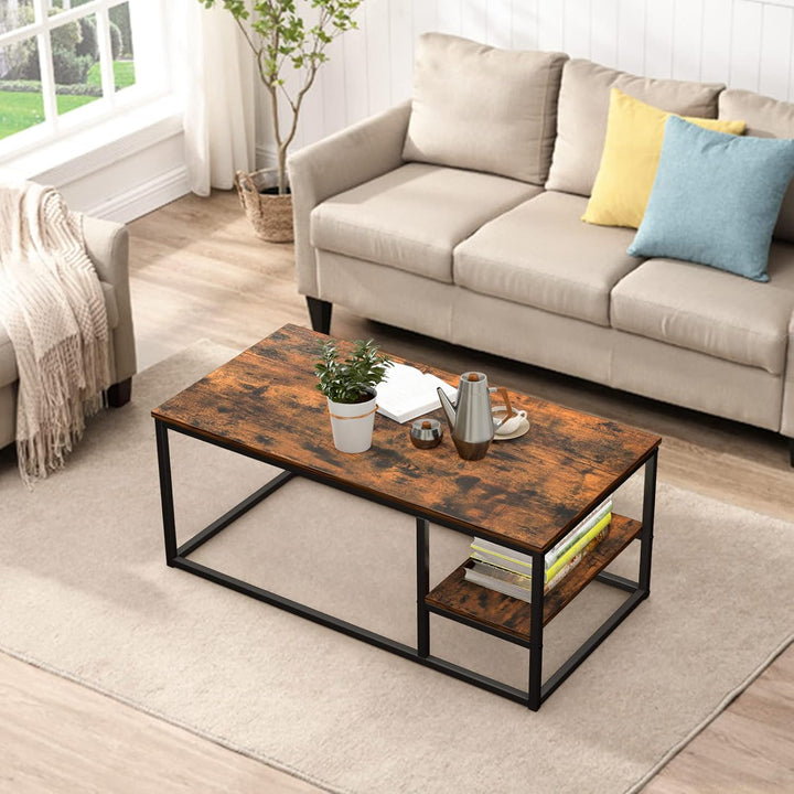 VOWNER Couchtisch, Wohnzimmertisch, Couchtisch mit Stahlgestell und Ablagen, Industrie-Design, Skand