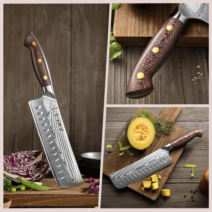 HEZHEN Damast Nakiri Messer mit Holzmesserscheide, Japanischer Stil Hackbeil Messer, Hartstahl Mehrz