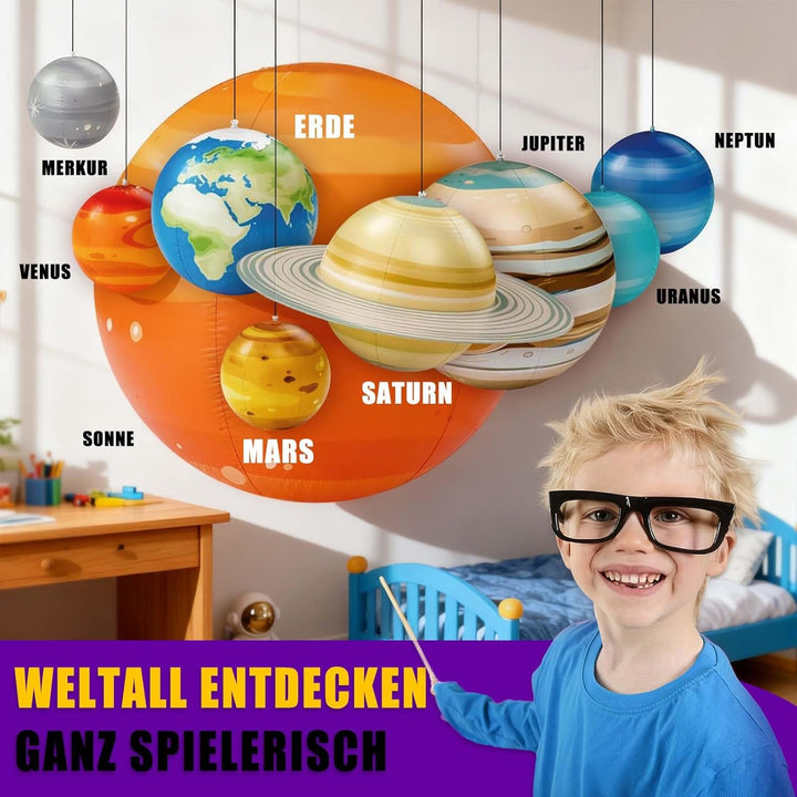 Jumbo Aufblasbares Sonnensystem Set – 9 Planeten zum Aufhängen inkl. Luftpumpe, Aufhängeschnur & Wis