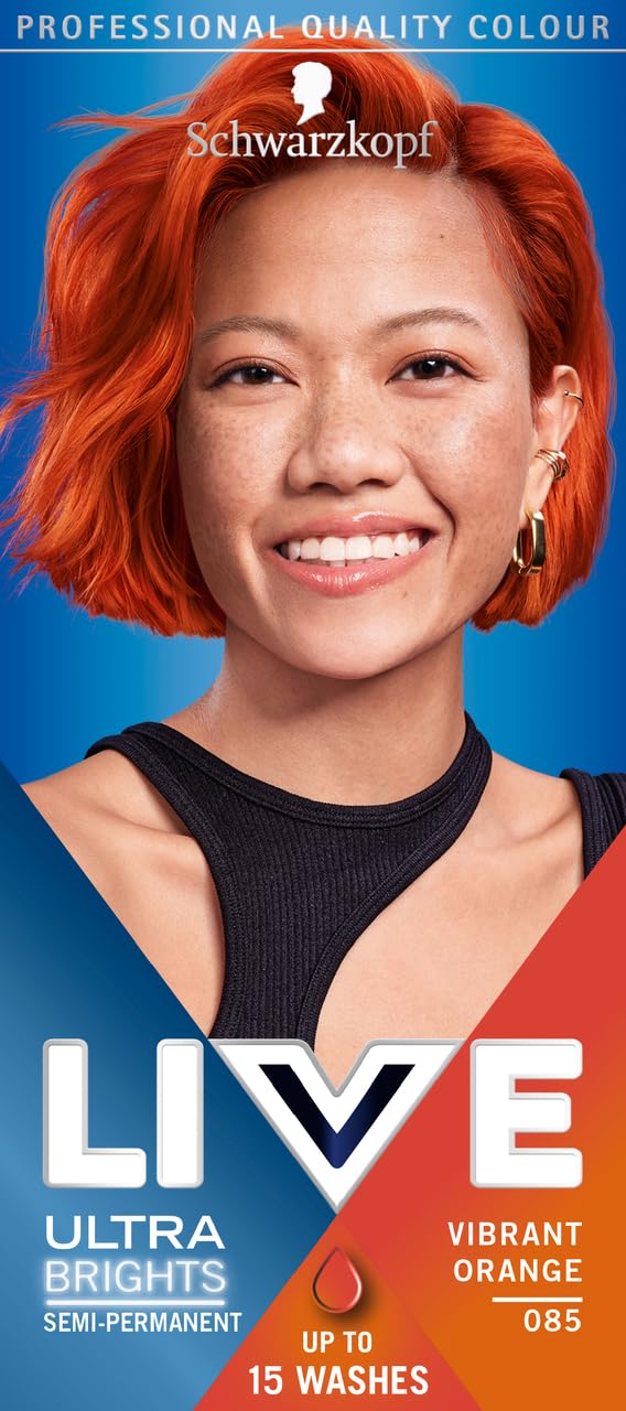 Schwarzkopf LIVE Ultra Brights 085 Vibrant Orange Semi-Permanent Hair Dye, Bold Intense Color for Up