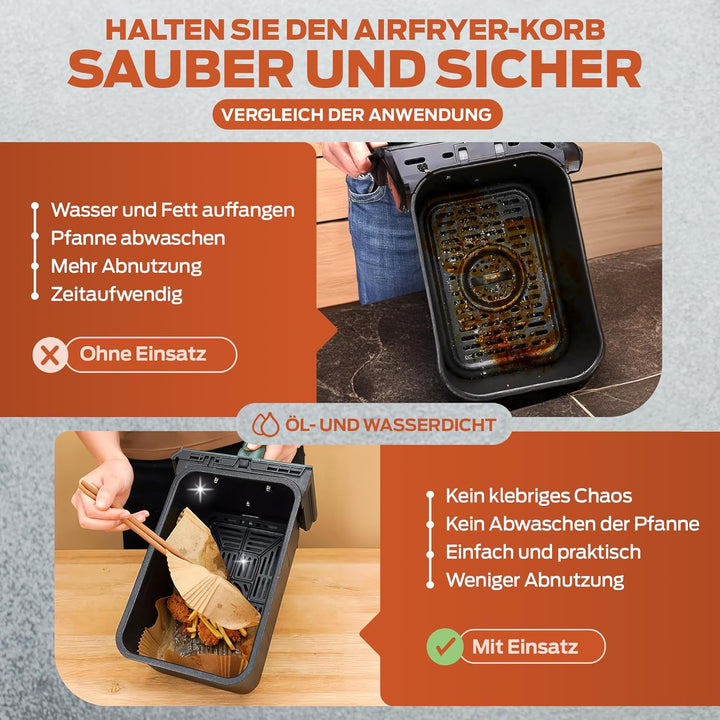 PORTENTUM Backpapier für Heissluftfritteuse mit Doppelkammer, 100 Stück 22x14cm Rechteckig Airfryer