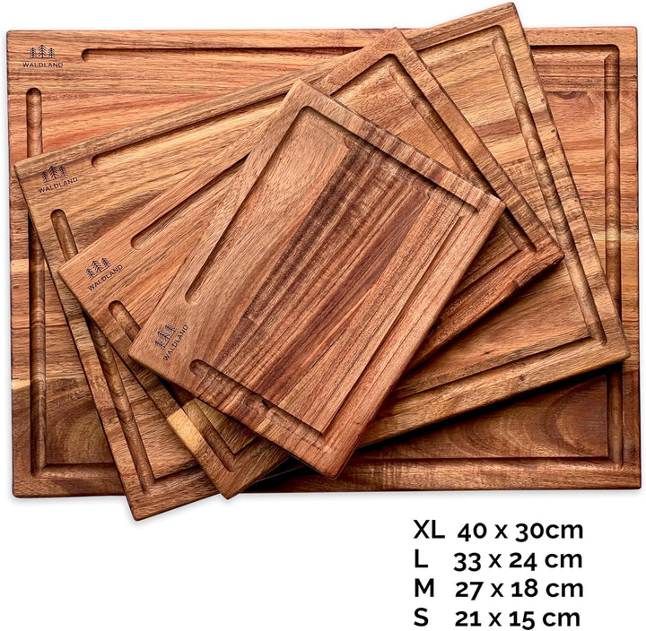 WALDLAND Premium Schneidebrett Holz 4er Set (40x30, 33x24, 27x18, 21x15) I inkl. Brettständer I Holz
