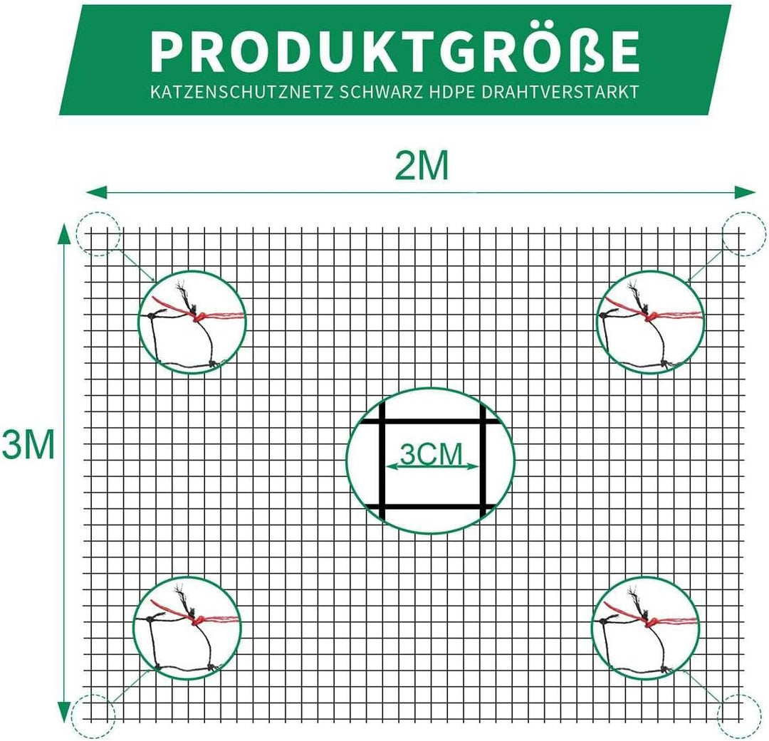 Tatamiyya Katzennetz für Balkon, Katzennetz Drahtverstärkt 2x3m， Robust ，Bissfest, alterungsbeständi