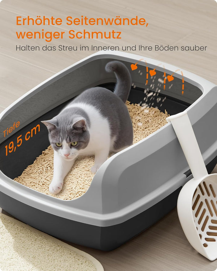 Feandrea Katzenklo mit hohen Seitenwänden, XL, offene Katzentoilette, mit Schaufel, für Kätzchen und