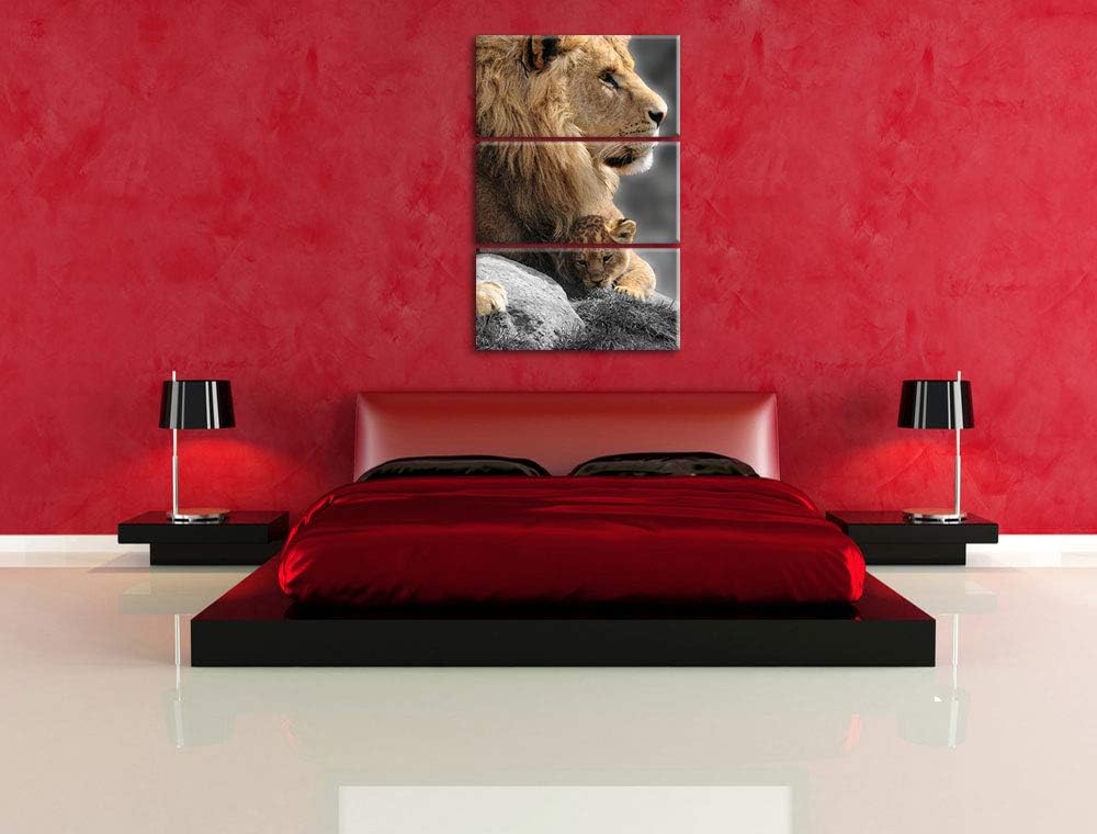 Löwe beschützt sein Löwenbaby schwarz/weiss 3-Teiler Leinwandbild 120x80 Bild auf Leinwand, XXL ries