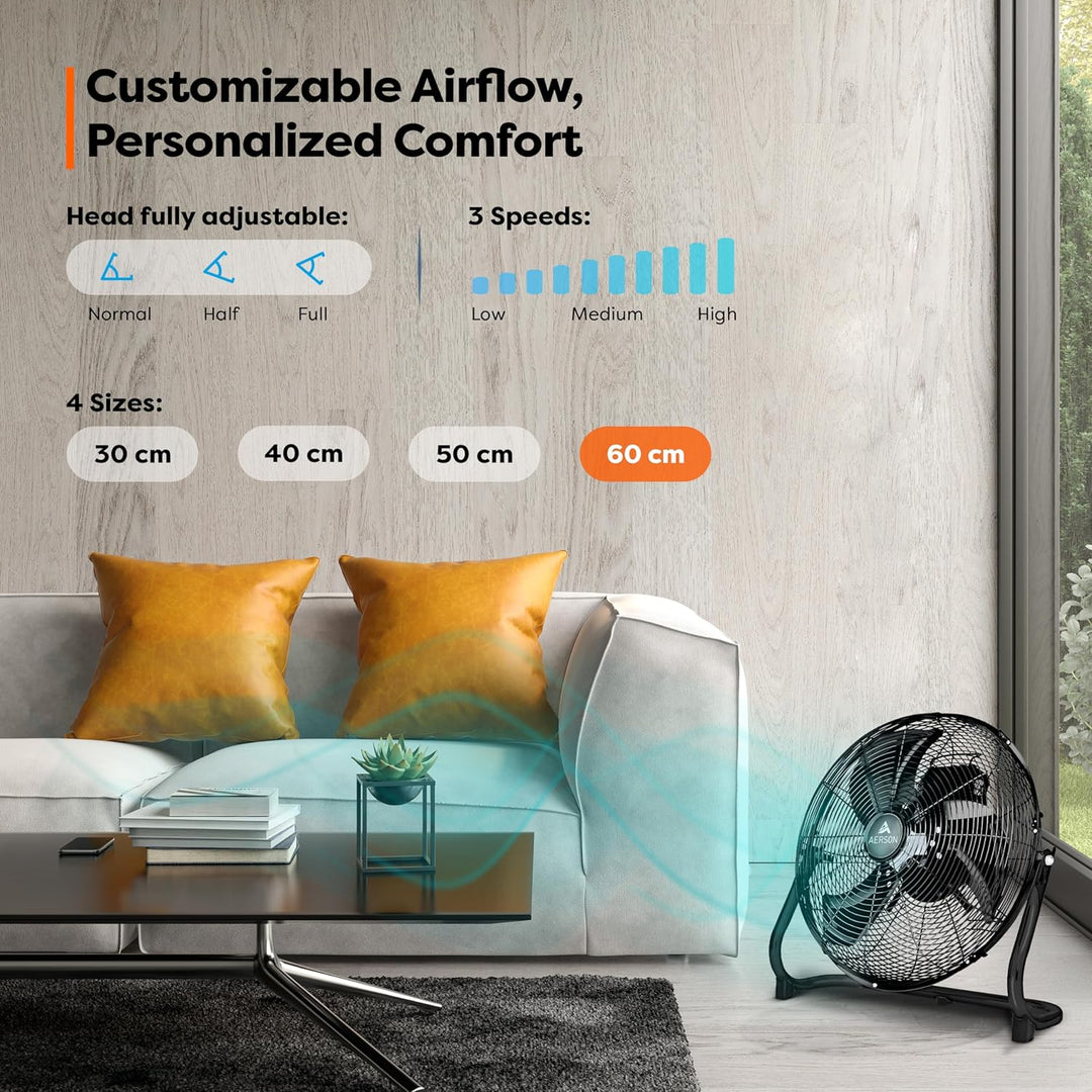 TRESKO AERSON Bodenventilator 60cm | Windmaschine mit 3-Leistungsstufen 200W | Standventilator Venti