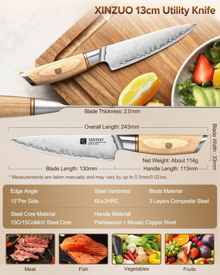 XIZNUO 13cm Allzweckmesser Verbundstahl Universalmesser, 3 Schichten Verbundstahl 10Cr15CoMoV Stahlk