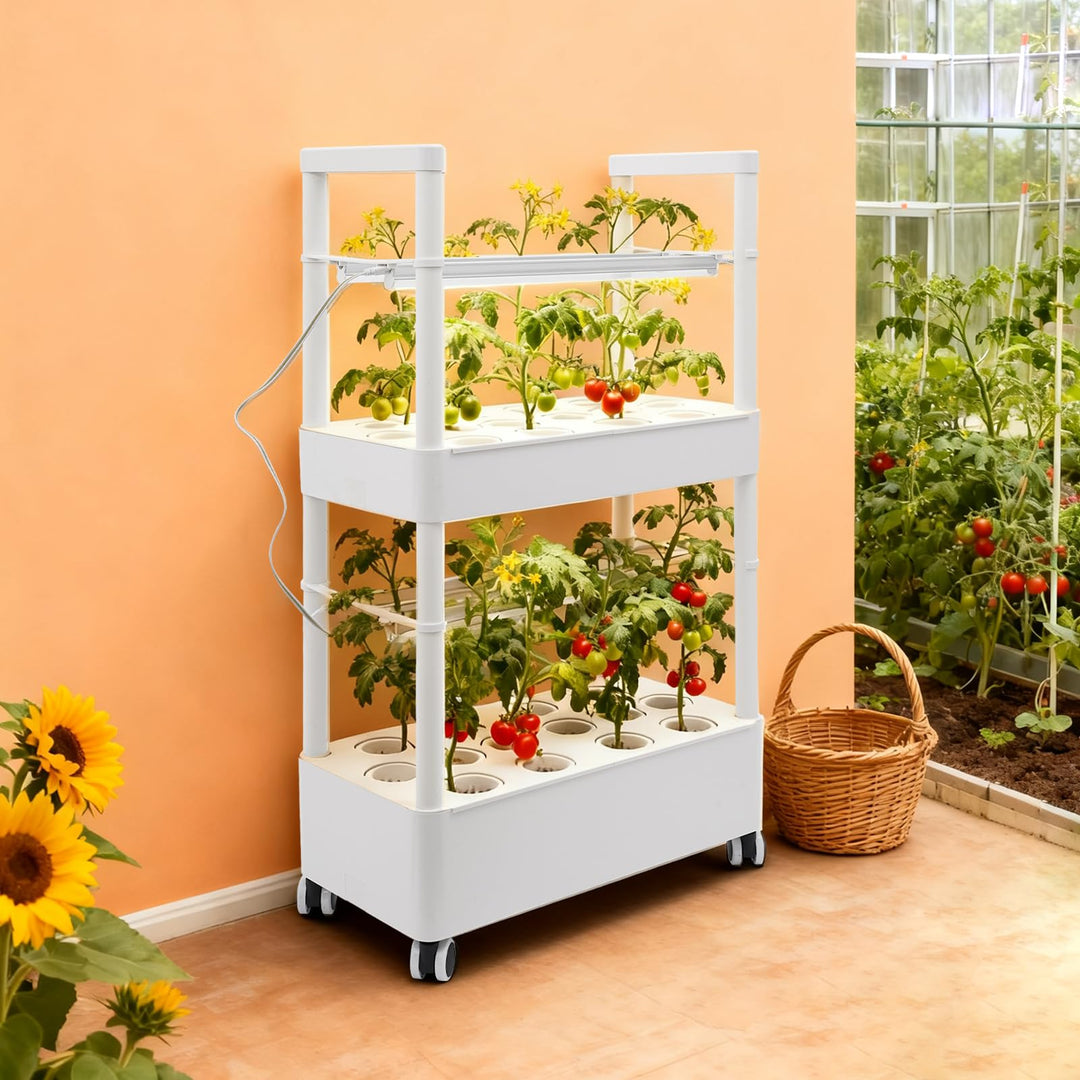 Hydroponisches Anbausystem mit LED-Beleuchtung, 2 Ebenen, 28 Pflanzlöcher, Indoor-Garten-Kit mit Rol