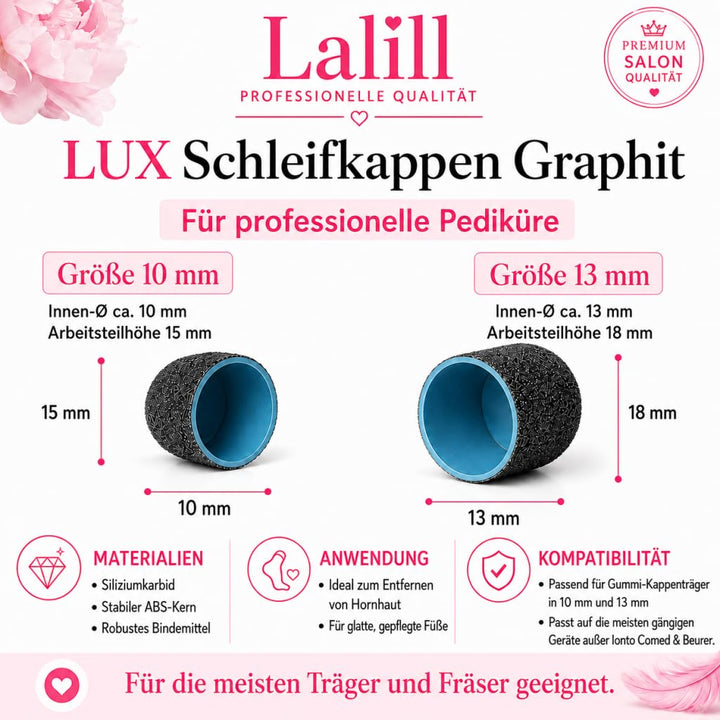 LALILL Schleifkappen LUX 50 Stück – Grafit Fräskappen für Nagelfräser – Maniküre, Pediküre & Podolog