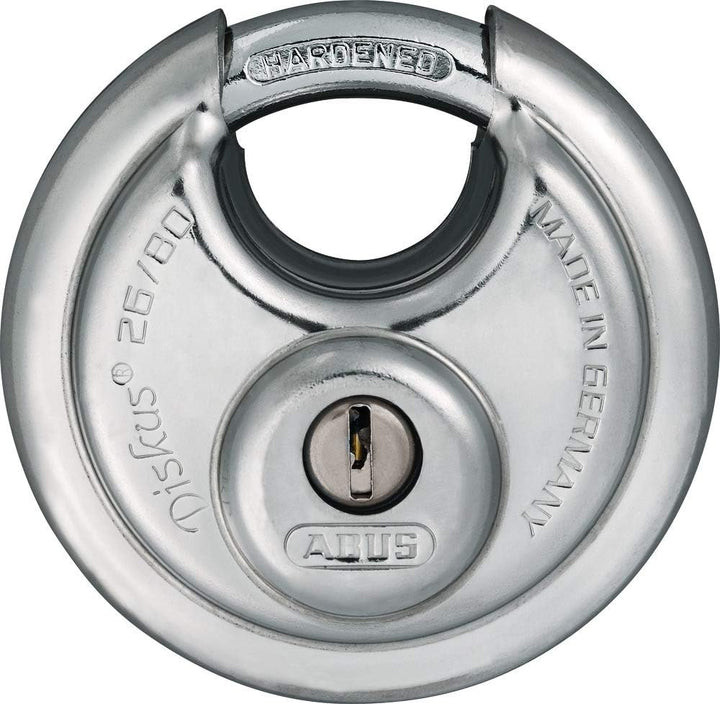 ABUS 82344 26WY/80 m. 4 Schl. Diskus-Hangschloss 80mm mit Sicherungskarte, 80mm mit Sicherungskarte