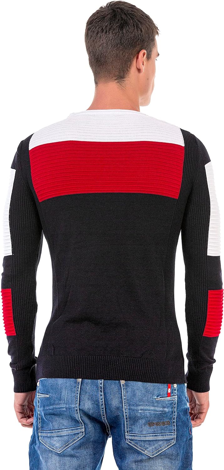 Cipo & Baxx Herren Strick Pullover Sweater Gerippt Pulli CP247 Dunkelblau-Rot XL
