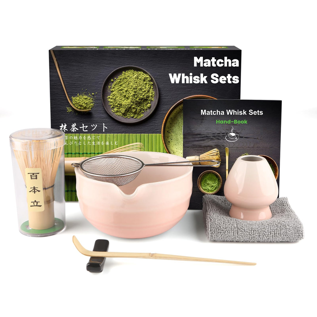 Anei 7 Stück Matcha Set–Schale mit spitzem Rand und Gewinde in Rosa mit Farbverlauf，Matcha Bambus &