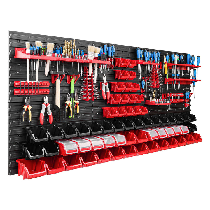 Lagersystem Werkstattregal | 172 x 78 cm | 62 stck. Box | Wandregal mit Werkzeughalterungen und Stap